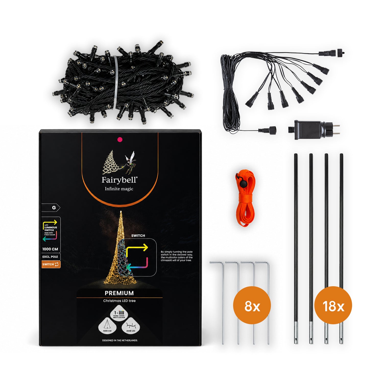 Verpakkingsinhoud van Fairybell Premium Luminous Switch 10 meter met 2048 leds