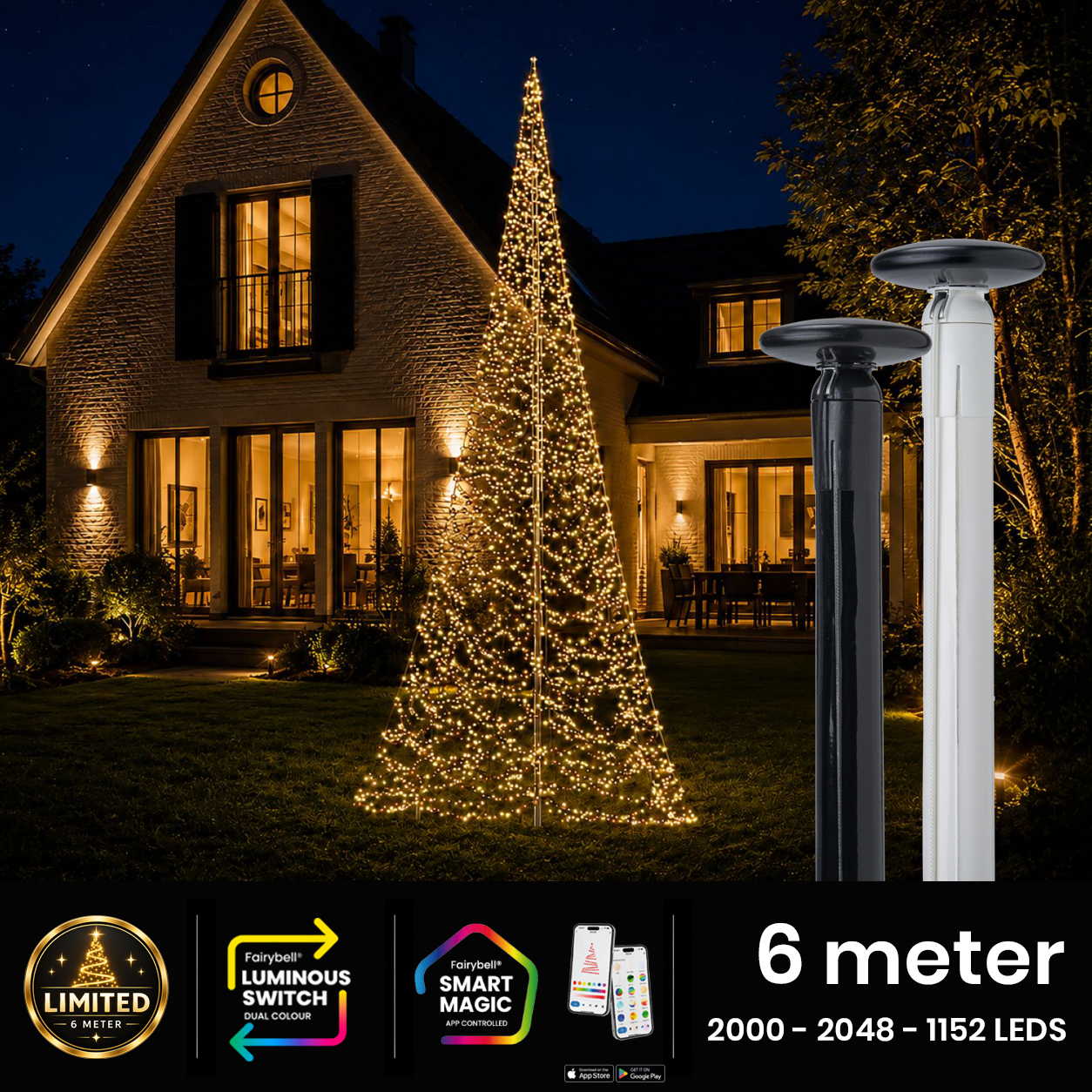 Polyester vlaggenmast 6 meter met Fairybell kerstverlichting