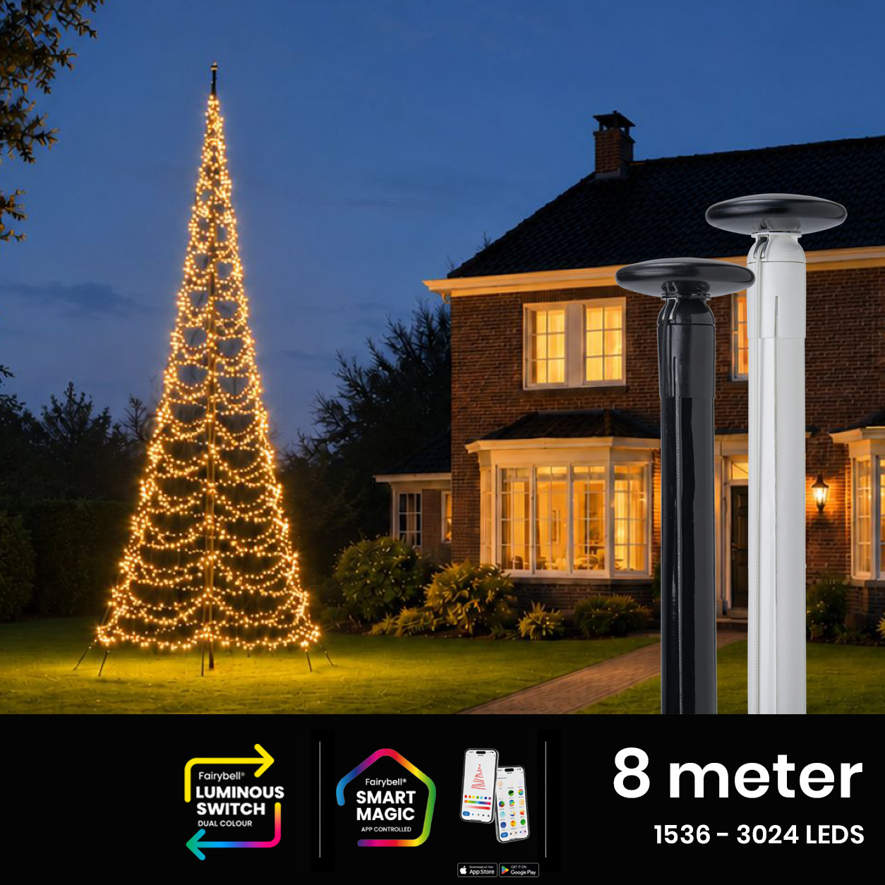 Polyester vlaggenmast 8 meter met Fairybell kerstverlichting